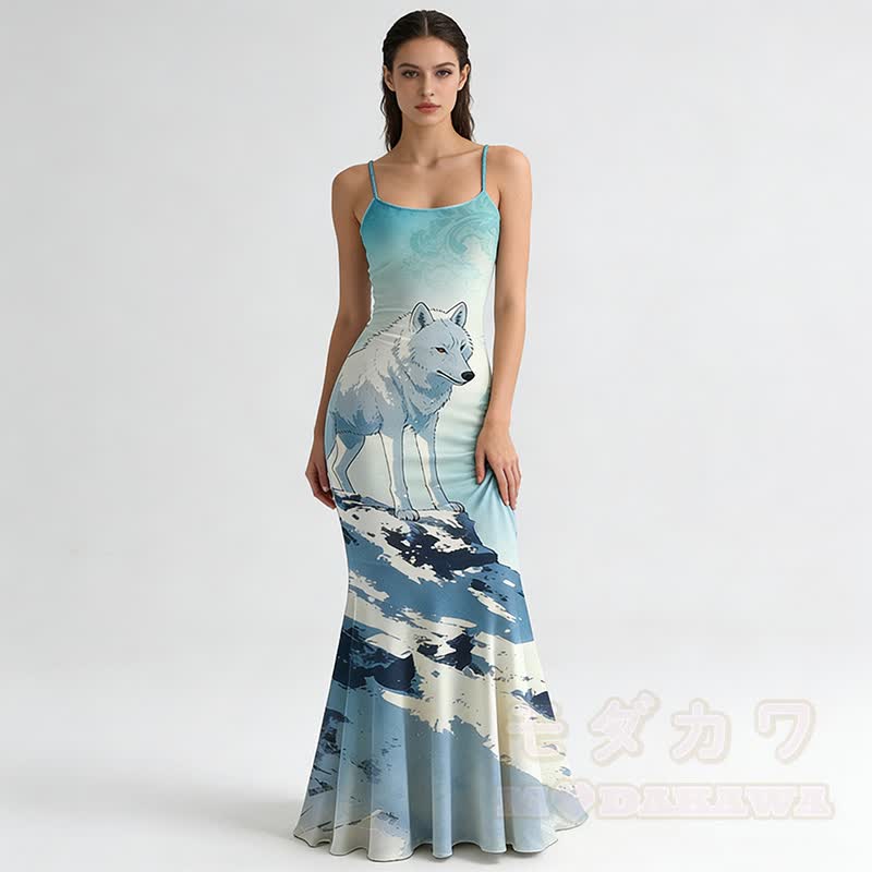 Maxikleid im Meerjungfrauenstil mit Wolfsmotiv und Spaghettiträgern - Blau - 5XL - image 2