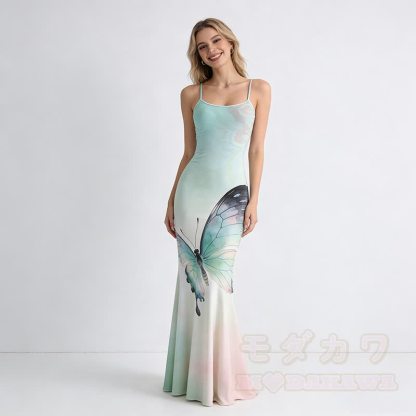 Maxikleid im Meerjungfrauenstil mit Schmetterlingsmotiv und Spaghettiträgern - image 1