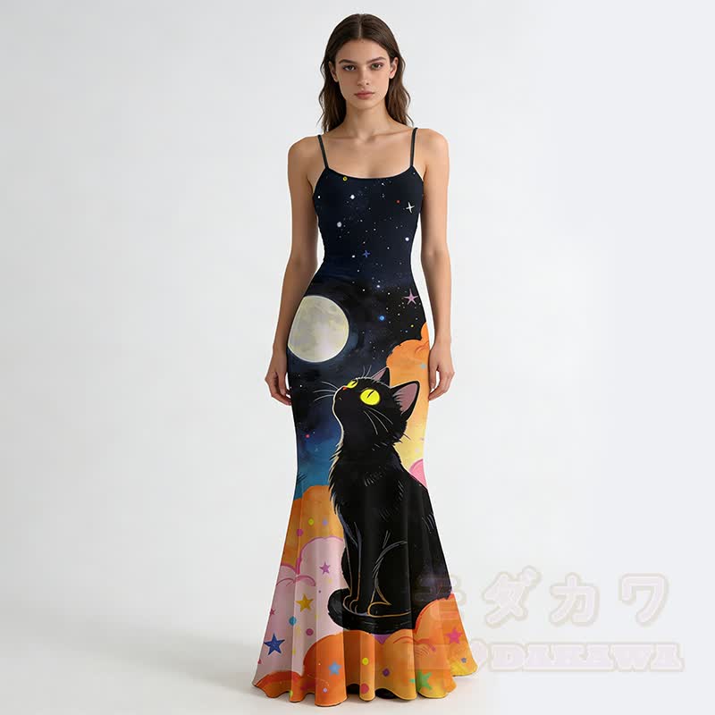 Katzen-Mond-Grafik Spaghetti-Träger Maxi Meerjungfrauenkleid - Schwarz - 5XL - image 2