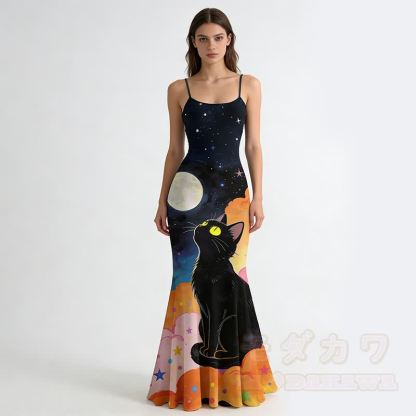 Katzen-Mond-Grafik Spaghetti-Träger Maxi Meerjungfrauenkleid - Schwarz - 5XL - image 2