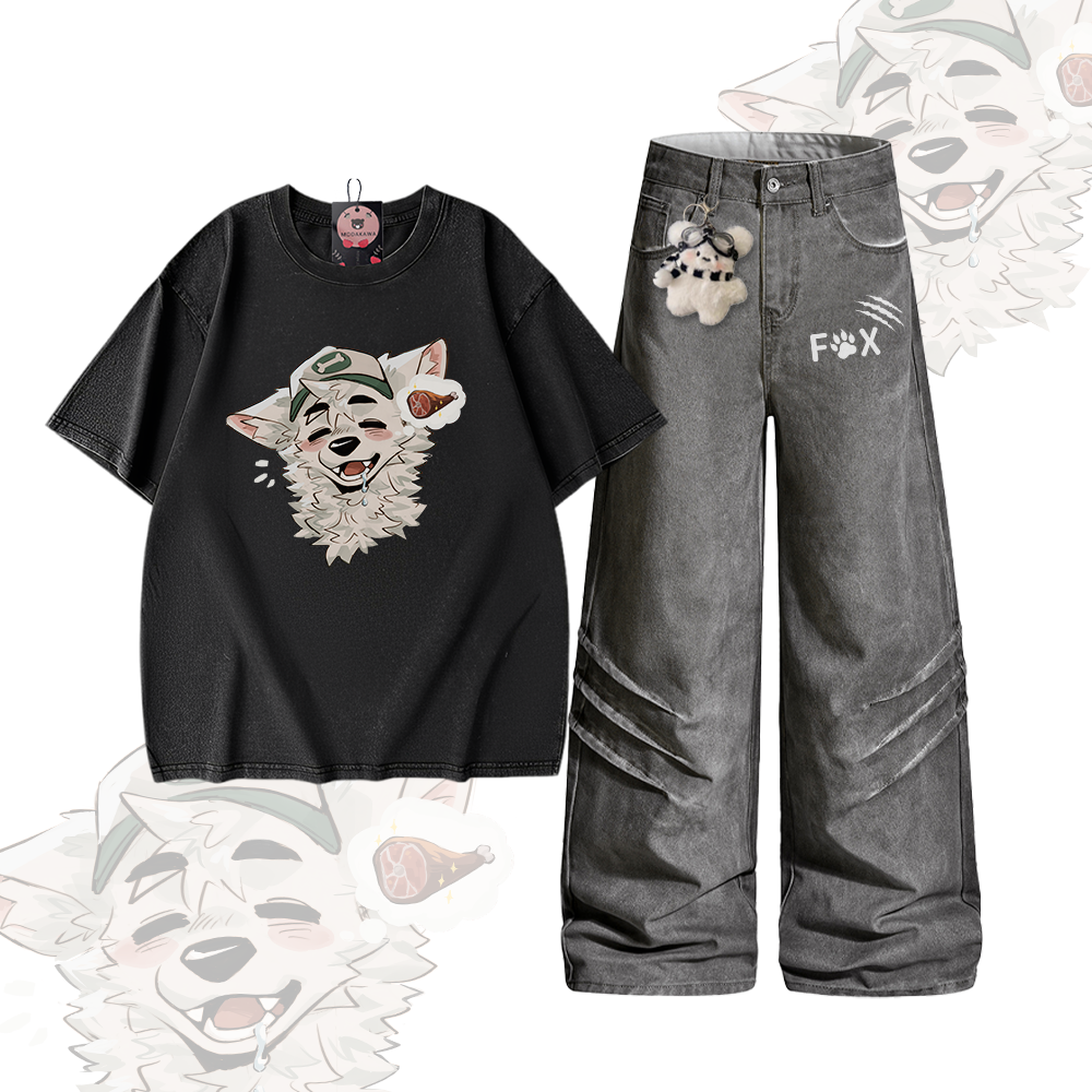 MODAKAWA X atka Fox Graphic Vintage Washed 100% Cotton T-Shirt Denim Pants Two Pieces Set - Set B - 2XL - image 2