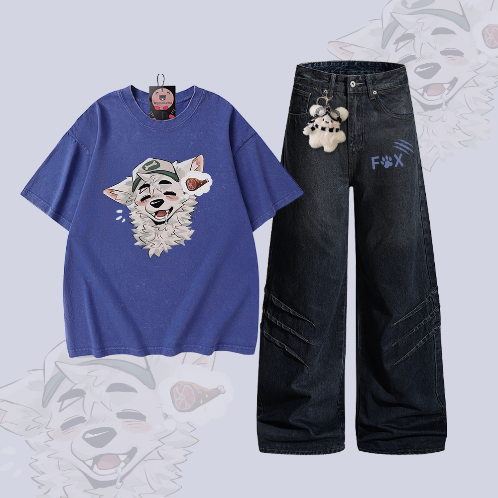 MODAKAWA X atka Fox Graphic Vintage Washed 100% Cotton T-Shirt Denim Pants Two Pieces Set - Set A - 2XL - image 1