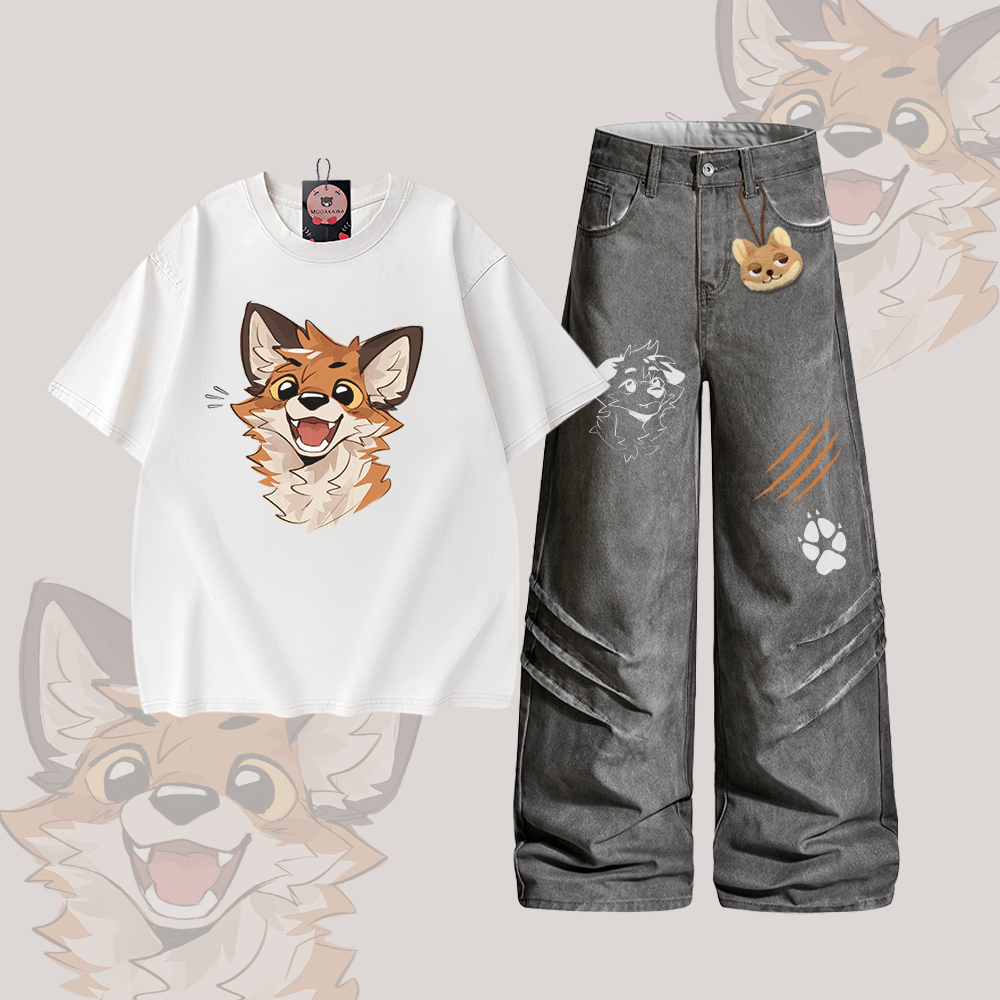 MODAKAWA X atka Happy Fox Graphic Vintage Washed 100% Cotton T-Shirt Denim Pants Two Pieces Set - Set A - 2XL - image 1