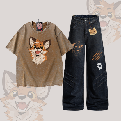 MODAKAWA X atka Happy Fox Graphic Vintage Washed 100% Cotton T-Shirt Denim Pants Two Pieces Set - Set C - 2XL - image 3