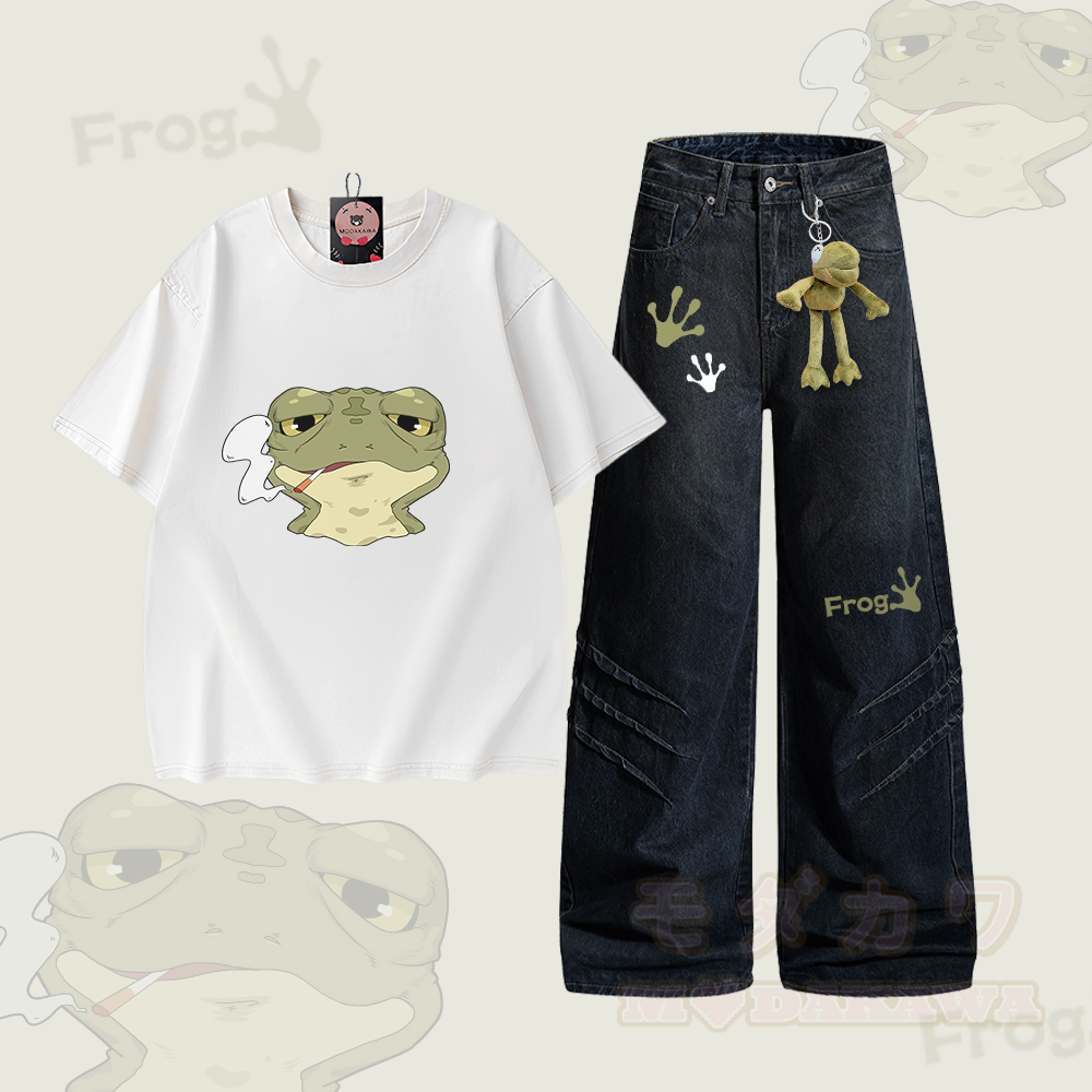 Zweiteiliges Set von Modakawa: Zweiteiliges Set aus 100% Baumwolle mit Smoking Frog Graphic-Motiv, Jeans und gewaschener Jeans. - Satz B - 2XL - image 2