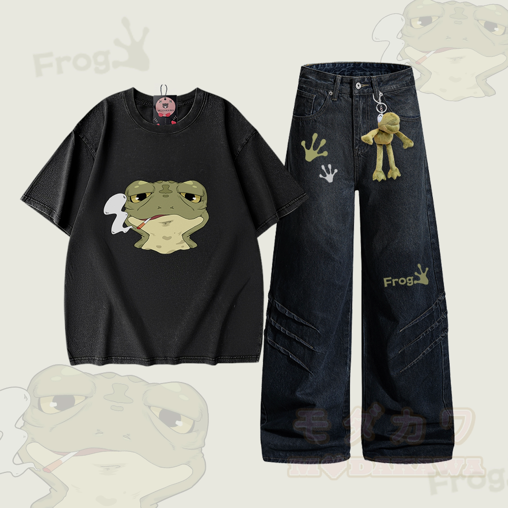 Zweiteiliges Set von Modakawa: Zweiteiliges Set aus 100% Baumwolle mit Smoking Frog Graphic-Motiv, Jeans und gewaschener Jeans. - Satz C - 2XL - image 3