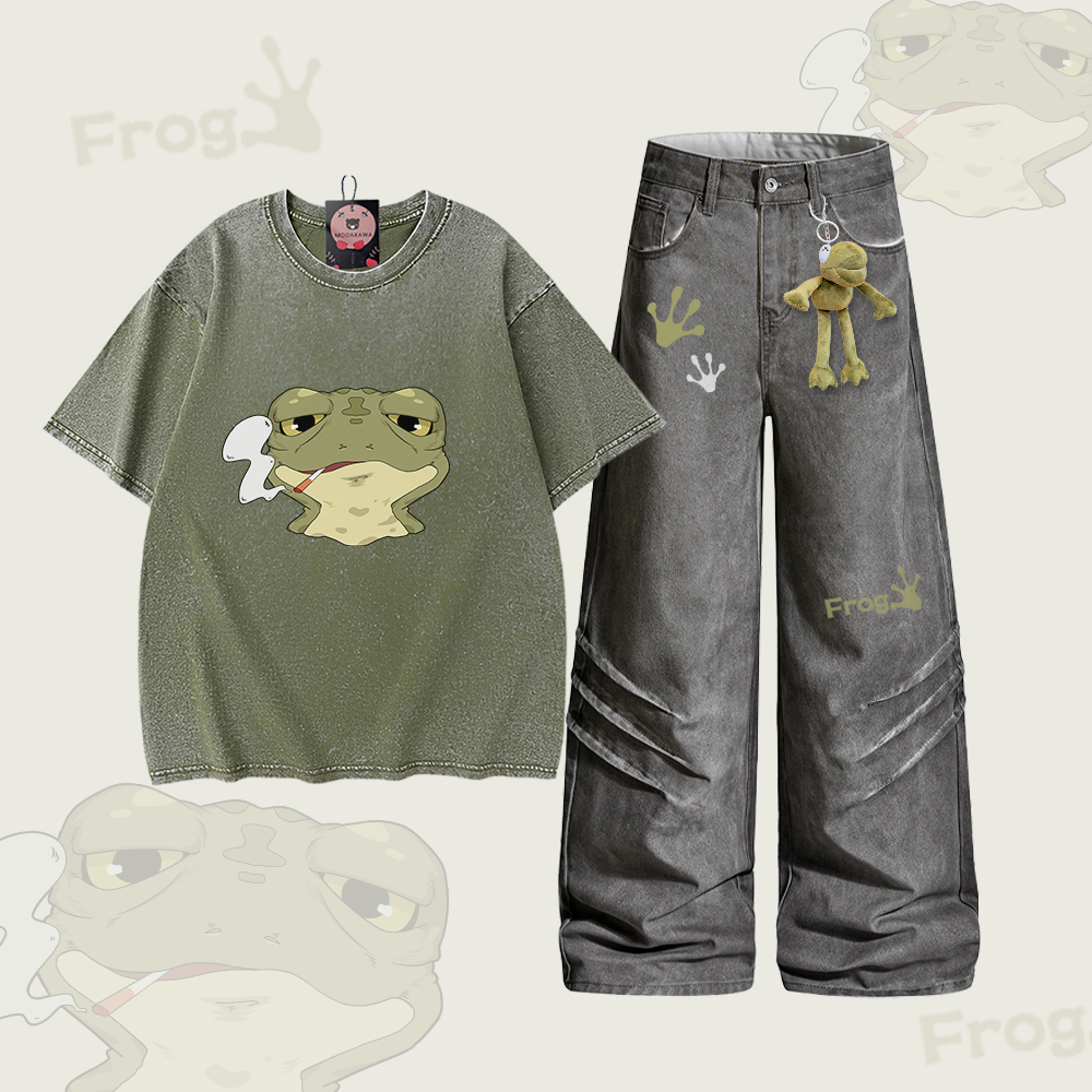 Zweiteiliges Set von Modakawa: T-Shirt mit Raucherfrosch-Motiv im Vintage-Stil, gewaschen aus 100 % Baumwolle, dazu passende Jeanshose. - Set A - 2XL - image 1