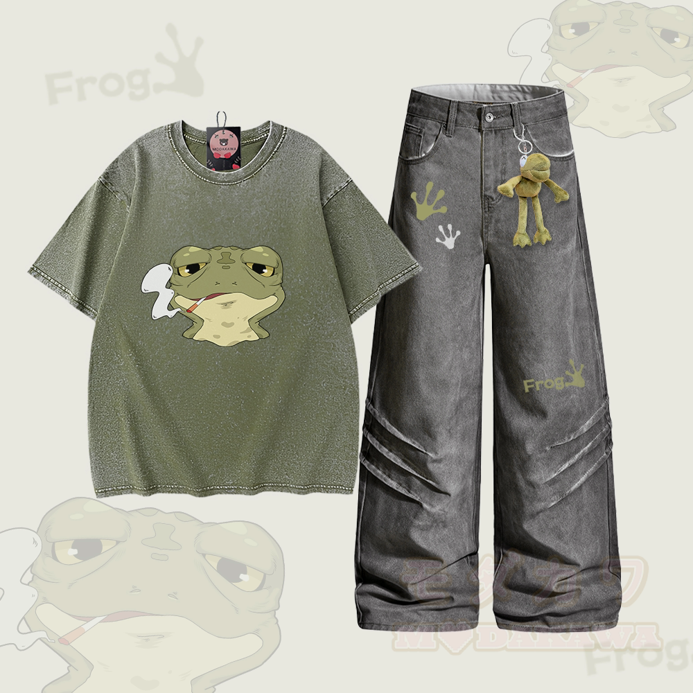Zweiteiliges Set von Modakawa: Zweiteiliges Set aus 100% Baumwolle mit Smoking Frog Graphic-Motiv, Jeans und gewaschener Jeans. - Satz A - 2XL - image 1