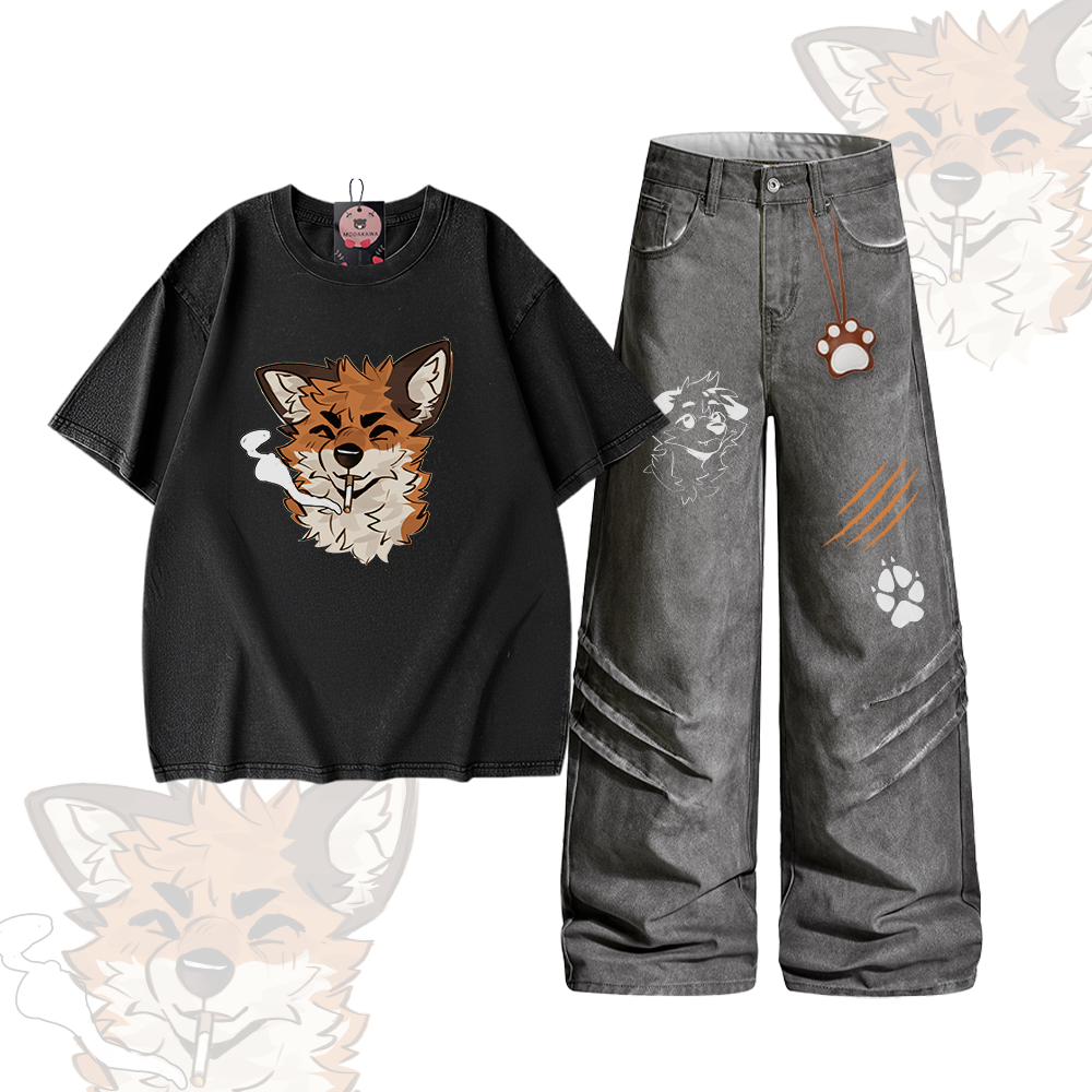 MODAKAWA X atka Smoking Fox Graphic Vintage Washed 100% Cotton T-Shirt Denim Pants Two Pieces Set - Set A - 2XL - image 1