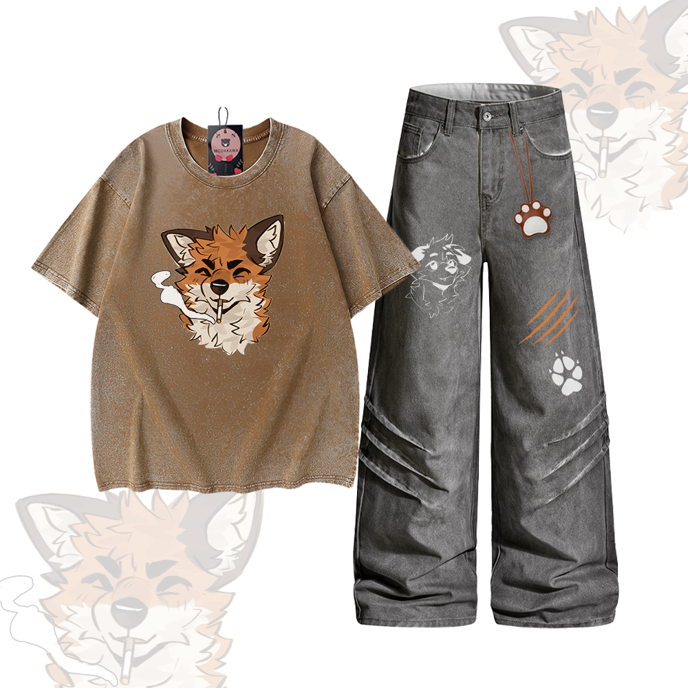 MODAKAWA X atka Smoking Fox Graphic Vintage Washed 100% Cotton T-Shirt Denim Pants Two Pieces Set - Set C - 2XL - image 3