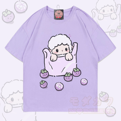 Modakawa T-Shirt aus 100 % Baumwolle mit Schaf- und Blaubeermotiv - Hellviolett - 5XL - image 1