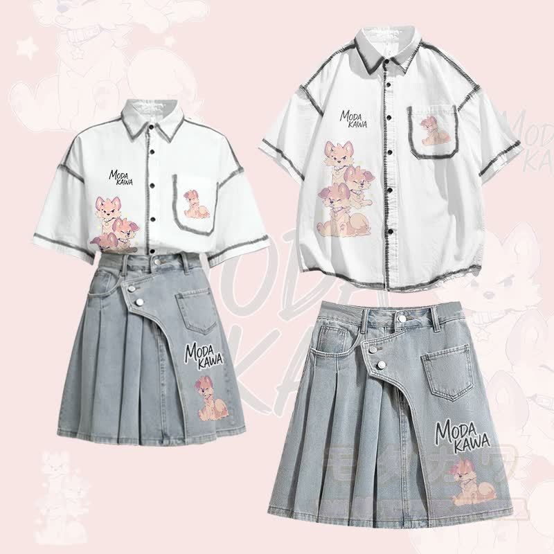 MODAKAWA X popipeko Oversized Button Up Shirt und Asymmetrischer Jeans-Plisseerock, passendes Outfit - Satz - XL - image 1