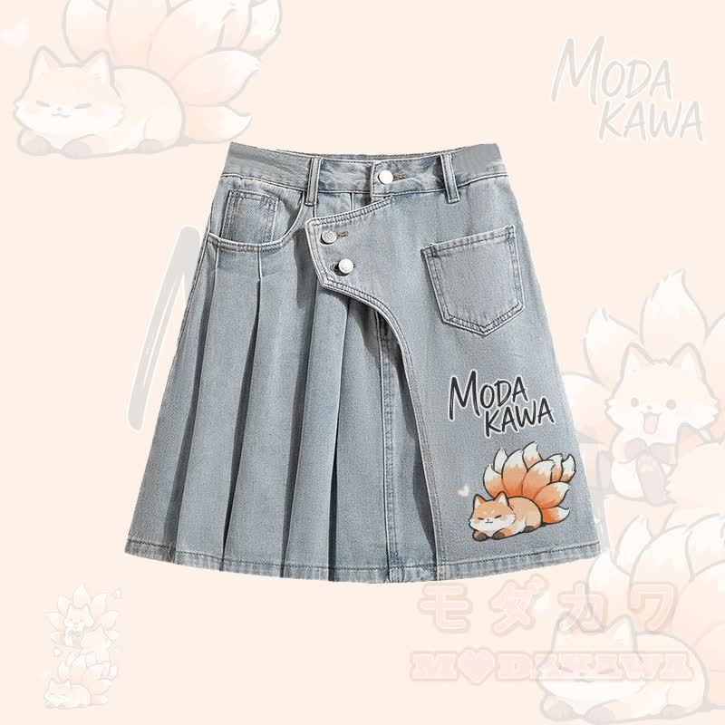 Oversize-Hemd mit neunschwänzigem Fuchs-Motiv, unregelmäßiger Jeans-Faltenrock, passendes Outfit von Modakawa - Blauer Rock - XL - image 3