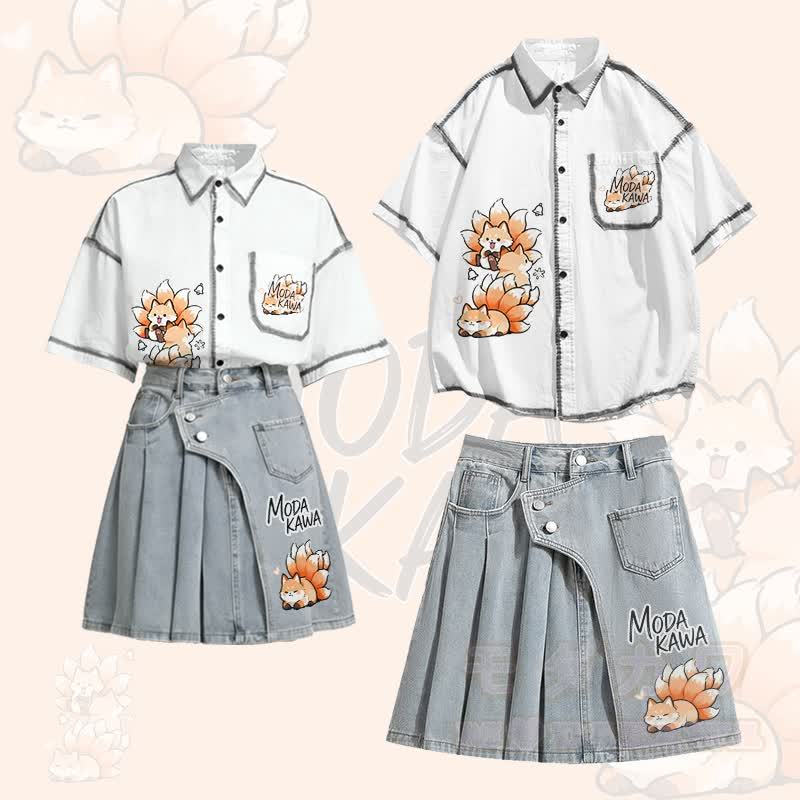 Oversize-Hemd mit neunschwänzigem Fuchs-Motiv, unregelmäßiger Jeans-Faltenrock, passendes Outfit von Modakawa - Satz - XL - image 1