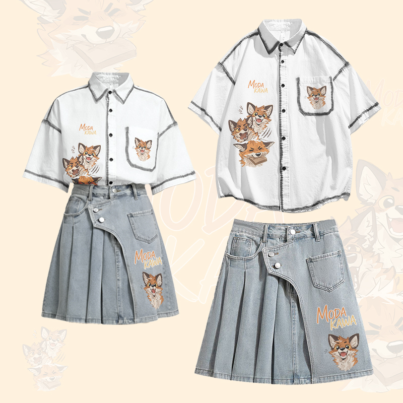MODAKAWA X atka Fox Graphic Oversized Button Up Shirt Irregular Denim Pleated Skirt Matching Outfit - Set - XL - image 1