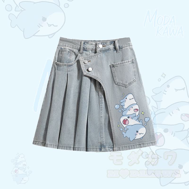 Oversize-Hemd mit Hai-Motiv, unregelmäßiger Jeans-Faltenrock, passendes Outfit von Modakawa - Blauer Rock - XL - image 3