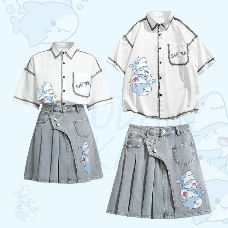 Oversize-Hemd mit Hai-Motiv, unregelmäßiger Jeans-Faltenrock, passendes Outfit von Modakawa - Set - XL - image 1