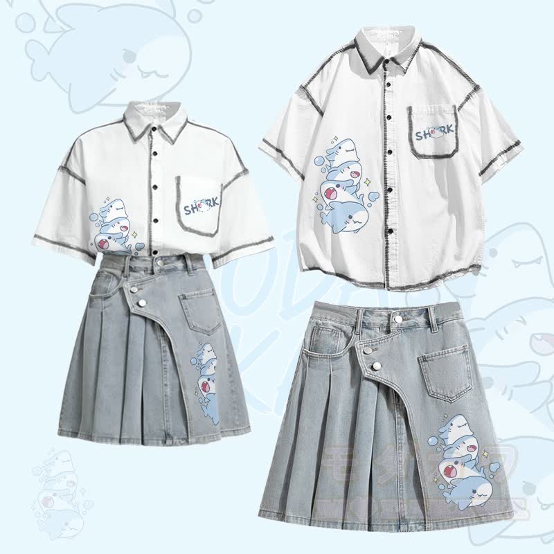 Oversize-Hemd mit Hai-Motiv, unregelmäßiger Jeans-Faltenrock, passendes Outfit von Modakawa - Satz - XL - image 1