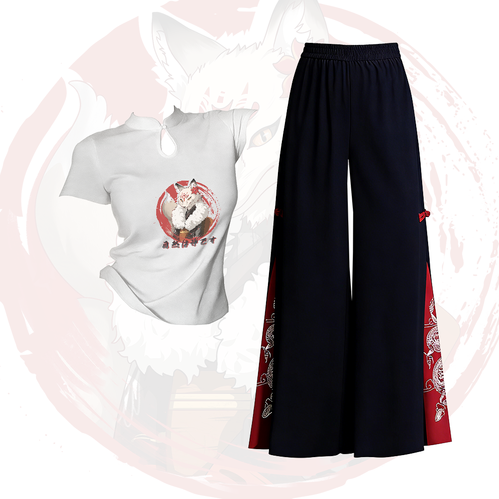 Zweiteiliges Set von Modakawa: T-Shirt mit Fuchsmotiv und Schnalle, bestickte, ethnisch anmutende Hose mit weitem Bein - Set A - L - image 1