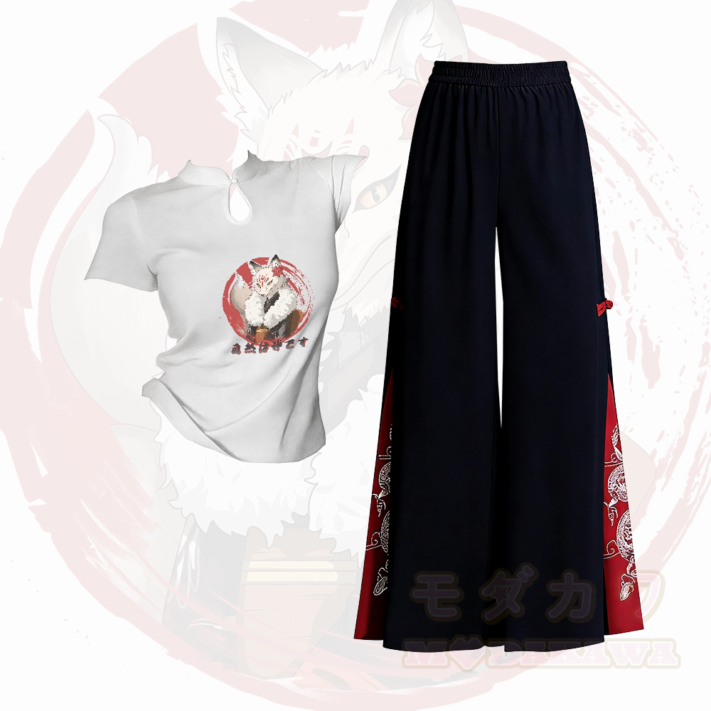 Zweiteiliges Set von Modakawa: T-Shirt mit Fuchsmotiv und Schnalle, bestickte, ethnisch anmutende Hose mit weitem Bein - Satz A - L - image 1