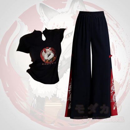 Zweiteiliges Set von Modakawa: T-Shirt mit Fuchsmotiv und Schnalle, bestickte, ethnisch anmutende Hose mit weitem Bein - Satz B - L - image 2
