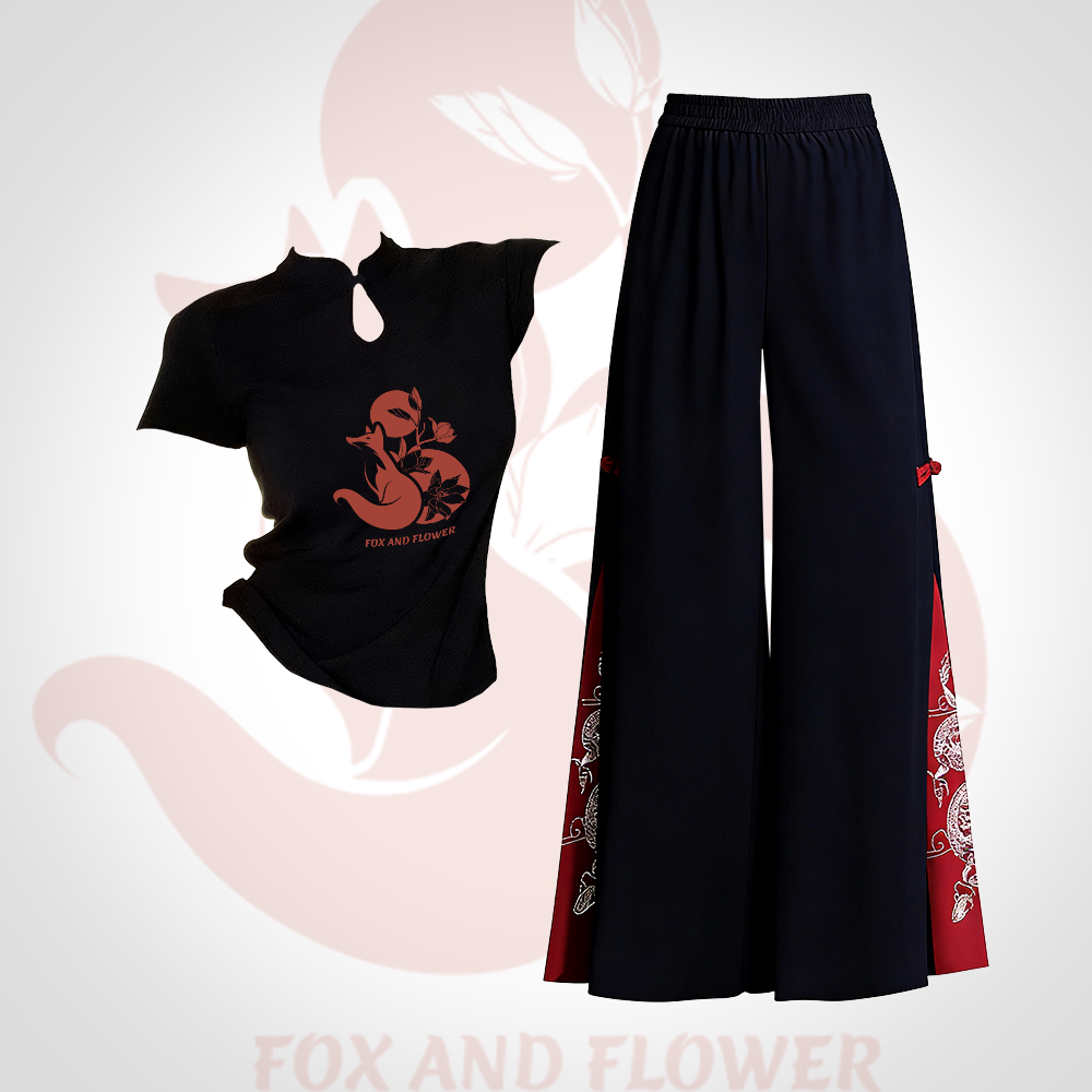 Zweiteiliges Set von Modakawa: T-Shirt mit Fuchsmotiv und Schnalle, bestickte, ethnisch anmutende Hose mit weitem Bein - Set A - L - image 1