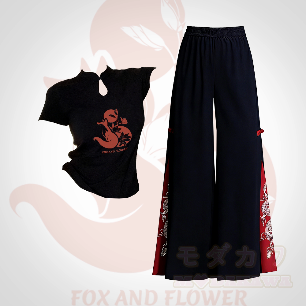 Zweiteiliges Set: Modakawa-T-Shirt mit Fuchs-Grafik und Schnalle, bestickte, ethnisch anmutende Hose mit weitem Bein - Satz A - L - image 1