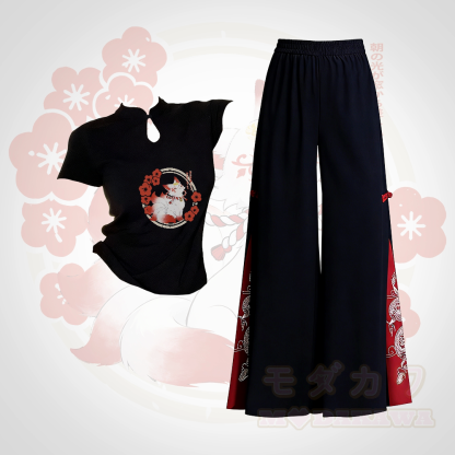 Zweiteiliges Set aus Modakawa-Kleidung mit neunschwänzigem Fuchs-Motiv und bestickter, ethnisch anmutender Hose mit weitem Bein - Satz B - L - image 2