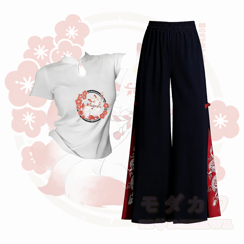 Zweiteiliges Set aus Modakawa-Kleidung mit neunschwänzigem Fuchs-Motiv und bestickter, ethnisch anmutender Hose mit weitem Bein - Satz A - L - image 1