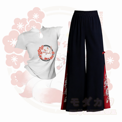 Zweiteiliges Set aus Modakawa-Kleidung mit neunschwänzigem Fuchs-Motiv und bestickter, ethnisch anmutender Hose mit weitem Bein - Satz A - L - image 1