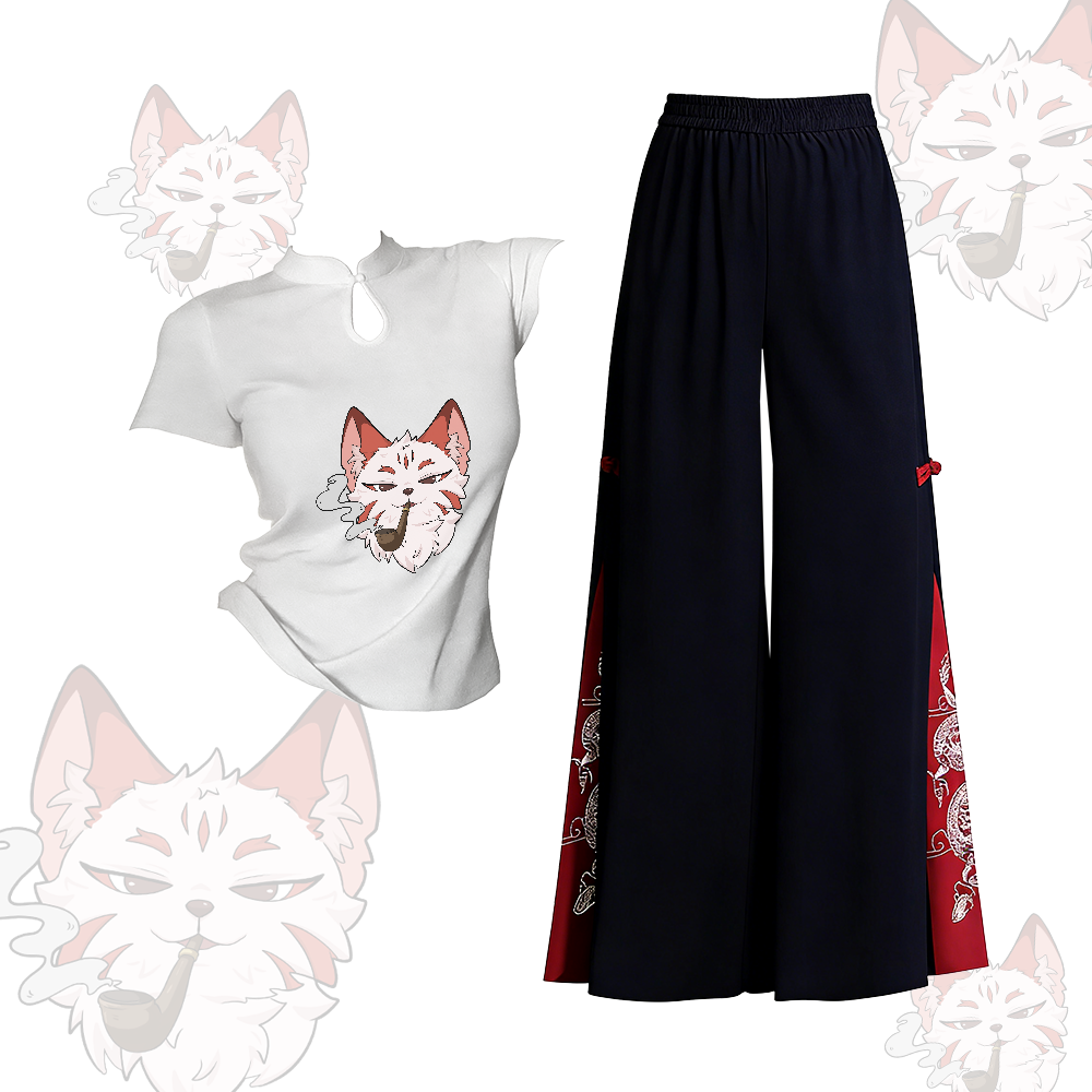 Zweiteiliges Set: Smoking Fox T-Shirt mit grafischer Schnalle, bestickte, ethnisch anmutende Hose mit weitem Bein, Modakawa-Stil - Set B - L - image 2