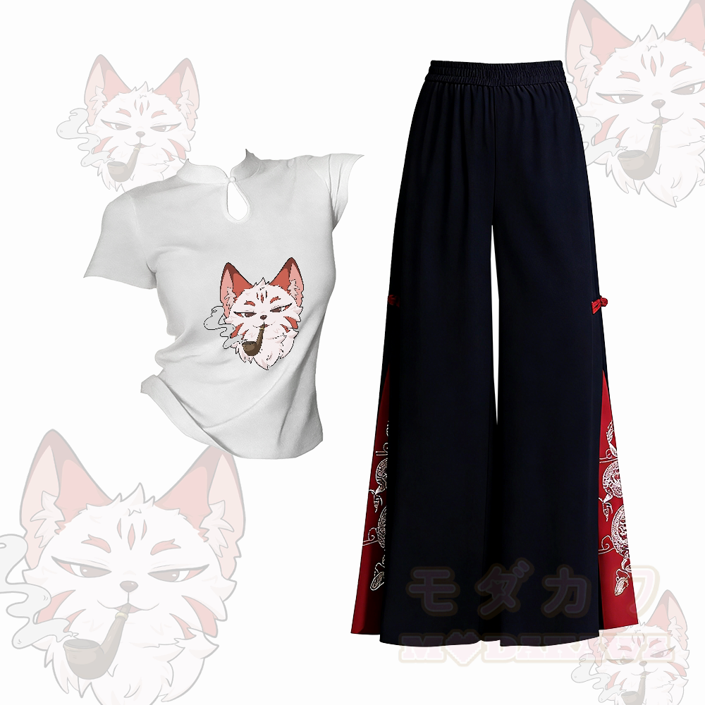 Zweiteiliges Set: Smoking Fox T-Shirt mit Grafikschnalle, bestickte, ethnisch anmutende Hose mit weitem Bein, Modakawa-Stil - Satz B - L - image 2