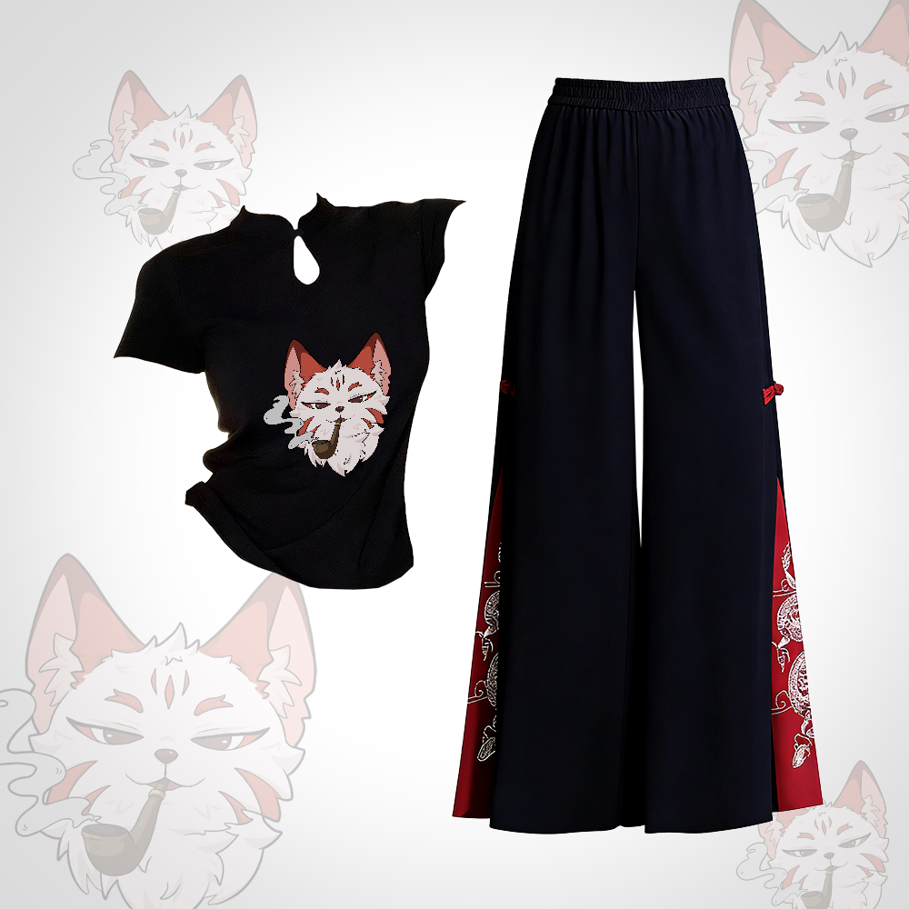 Zweiteiliges Set: Smoking Fox T-Shirt mit grafischer Schnalle, bestickte, ethnisch anmutende Hose mit weitem Bein, Modakawa-Stil - Set A - L - image 1