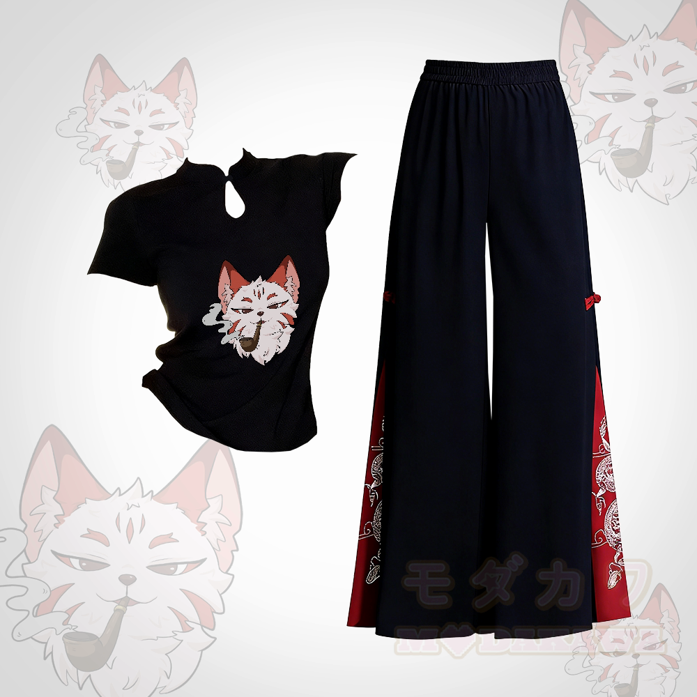 Zweiteiliges Set: Smoking Fox T-Shirt mit Grafikschnalle, bestickte, ethnisch anmutende Hose mit weitem Bein, Modakawa-Stil - Satz A - L - image 1