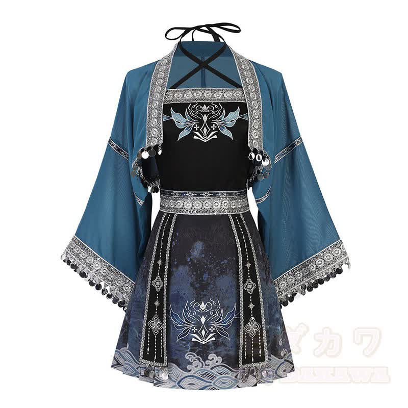 Vintage Pailletten-Schal, blumenbesticktes Camisole-Top und Faltenrock – Dreiteiliges Set - image 1