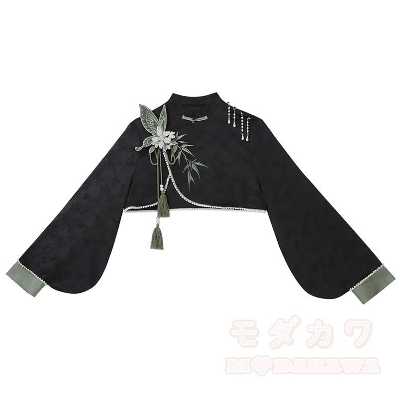 Vintage-Strickschal mit offenem Strickmuster, 3D-Schmetterlingsquasten-Top, Bambus-Grafik-Unterkleid, passendes Outfit - Spitze - L - image 3