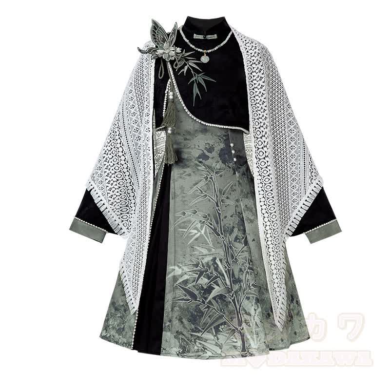 Vintage-Strickschal mit offenem Strickmuster, 3D-Schmetterlingsquasten-Top, Bambus-Grafik-Unterkleid, passendes Outfit - Oberteil + Kleid + Schal - L - image 1