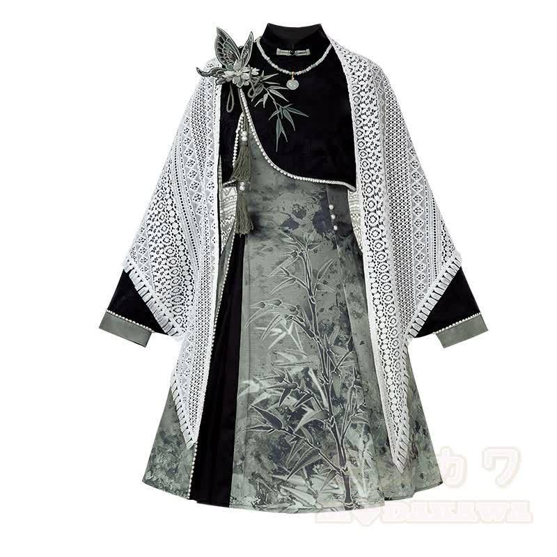 Vintage-Strickschal mit offenem Strickmuster, 3D-Schmetterlingsquasten-Top, Bambus-Grafik-Unterkleid, passendes Outfit - Oberteil + Kleid + Schal - L - image 1