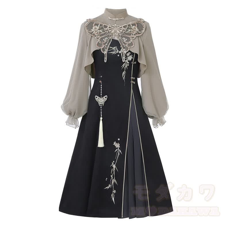 Vintage-Top mit Schnalle, besticktes Unterkleid mit Blumenmuster, passendes Outfit - Satz - L - image 1