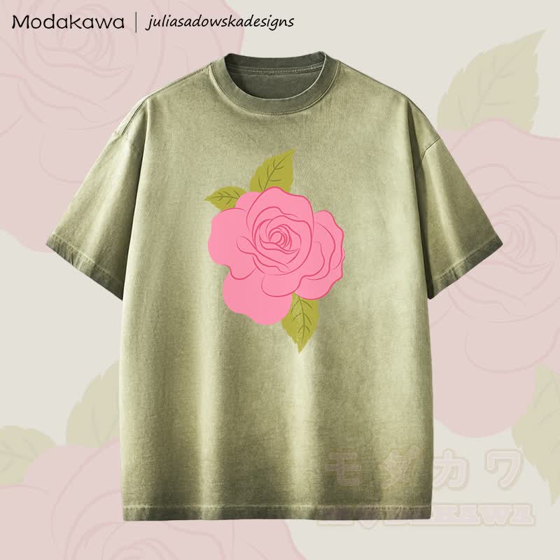 MODAKAWA X juliasadowskadesigns Rose Graphic Unisex Dopamine Vintage Washed T-Shirt - Grün - 2XL - image 4