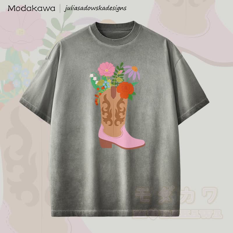 MODAKAWA X juliasadowskadesigns Shose Flower Graphic Unisex Dopamine Vintage Washed T-Shirt - Grau - 2XL - image 3