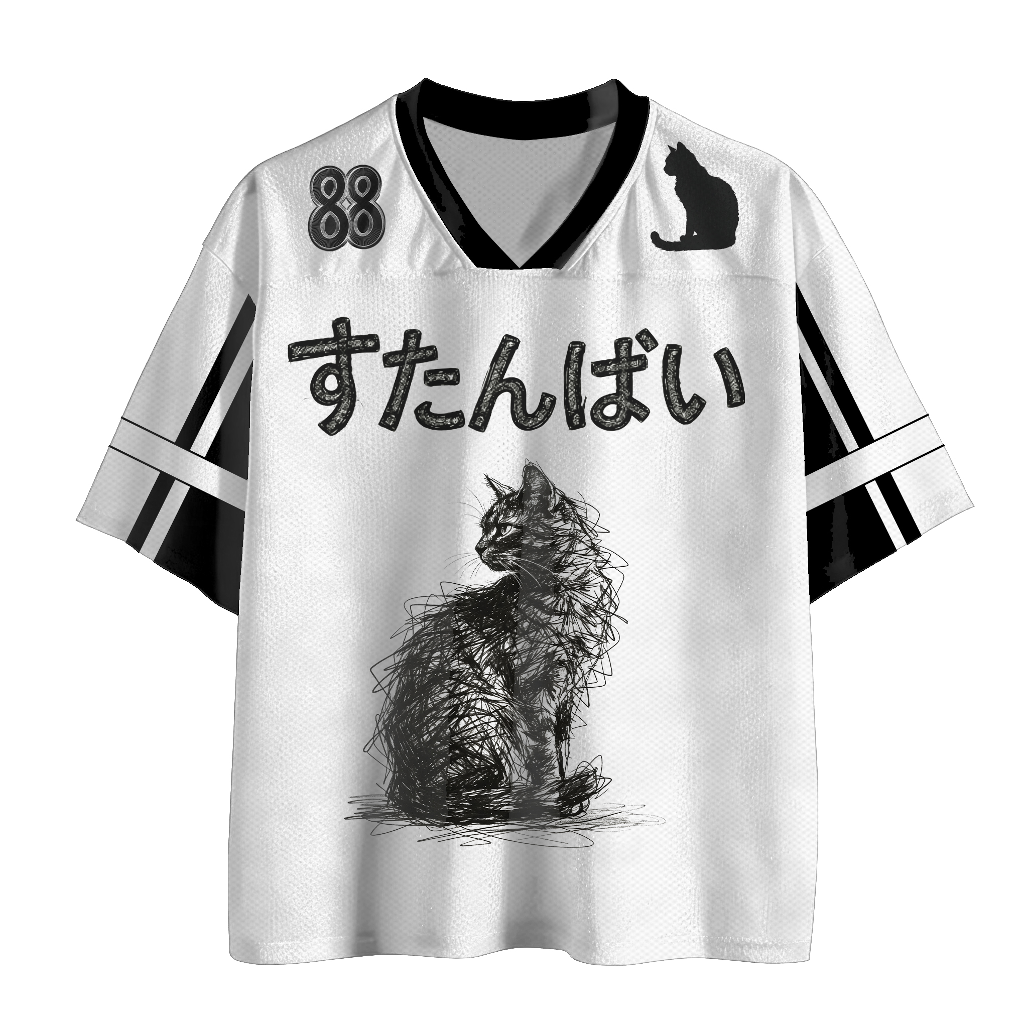 Modakawa Vintage Mesh Jersey T-Shirt mit schwarzer Katzennummer - White - 4XL - image 1