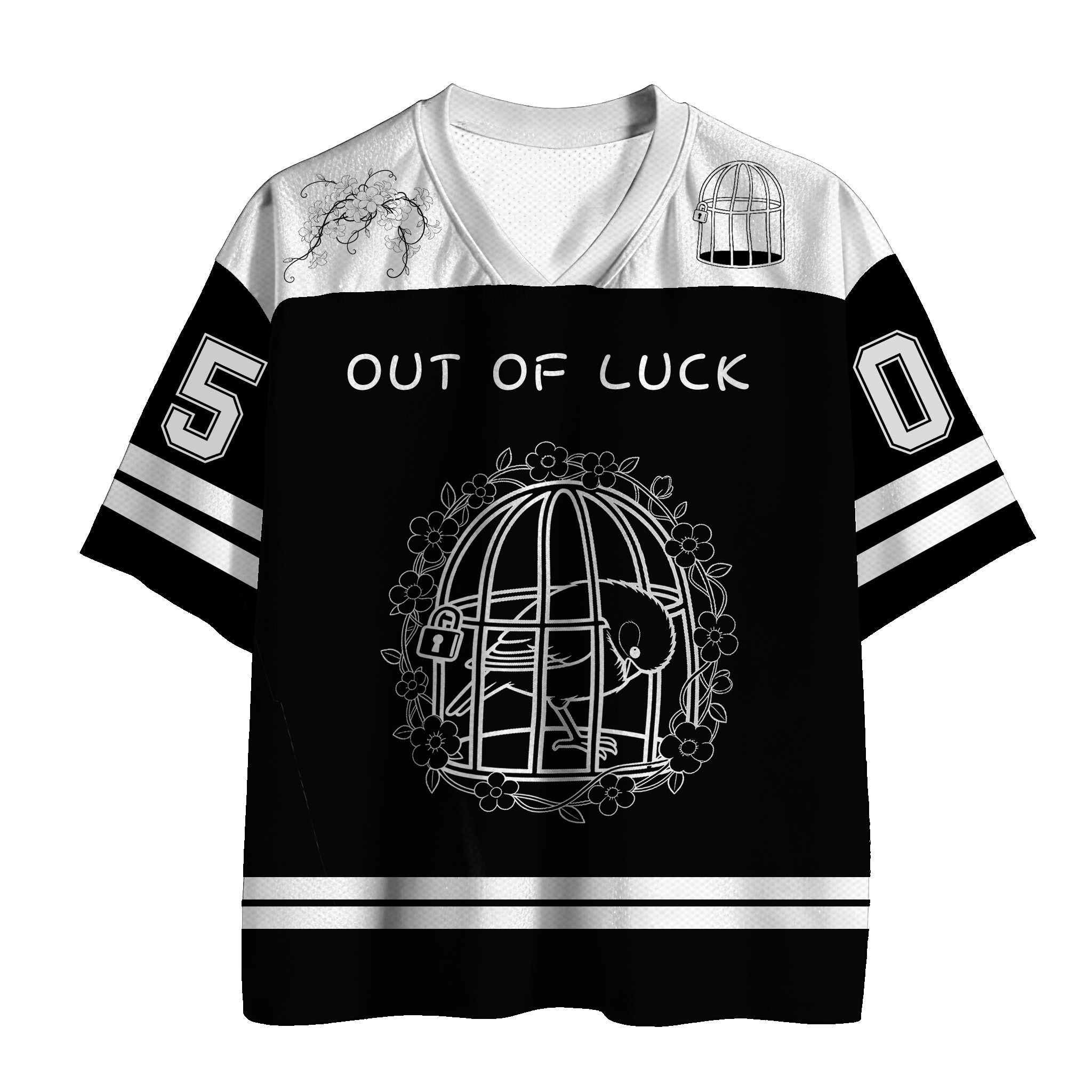 OUT OF LUCK Vogelkäfig-Nummer Grafik Modakawa Vintage Mesh Jersey T-Shirt - Black - 5XLS - image 1