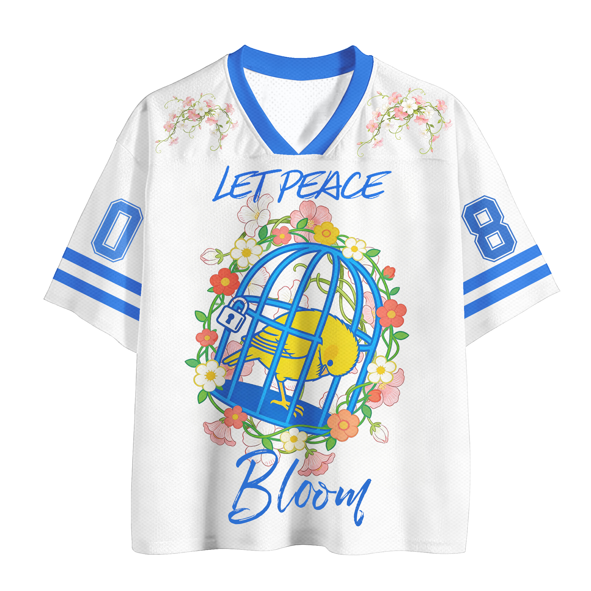 LET PEACE BLOOM Vogelkäfig-Nummer Grafik Modakawa Vintage Mesh Jersey T-Shirt - White - 4XL - image 1