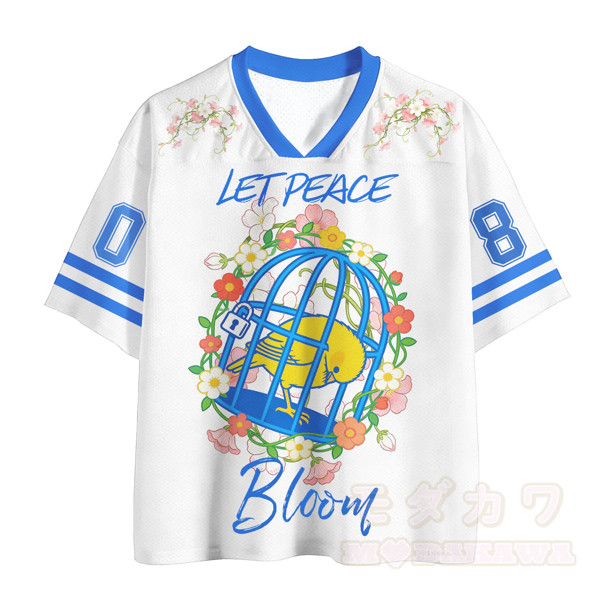 LET PEACE BLOOM Vogelkäfig-Nummer Grafik Modakawa Vintage Mesh Jersey Jersey T-Shirt - Weiß - 4XL - image 1
