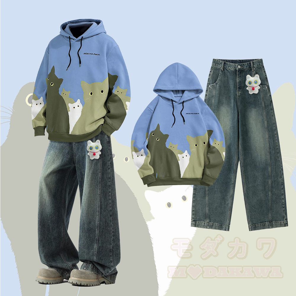Kapuzenpullover mit Katzenmotiv und Vintage-Jeans (zweiteilig) von Modakawa - Satz - 3XL - image 1