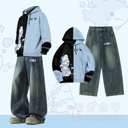 Pullover-Hoodie mit Hai-Motiv und Allover-Print, Vintage-Jeanshose, Modakawa Zweiteiler-Set - Satz A - 3XL - image 1