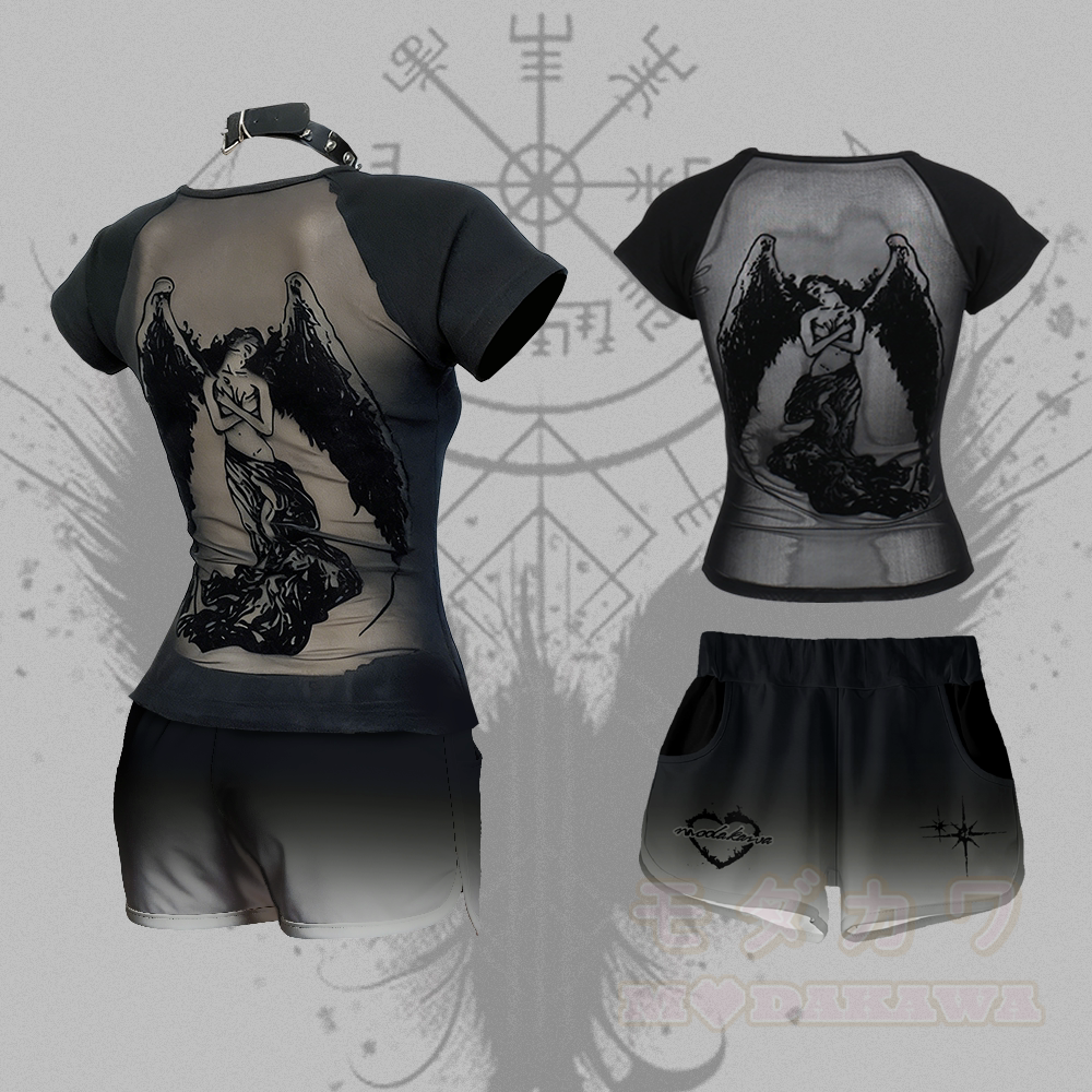Modakawa Zweiteiler-Set mit dunklem Engel-Print, kurzärmeligem Crop-Top und Shorts aus Mesh - Schwarz - L - image 1