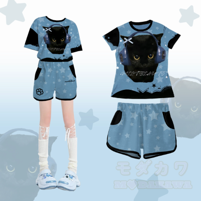 Schwarze Katzenkopfhörer, Grafik-T-Shirt, Shorts, Modakawa-Partnerlook - Satz A - 5XL - image 1