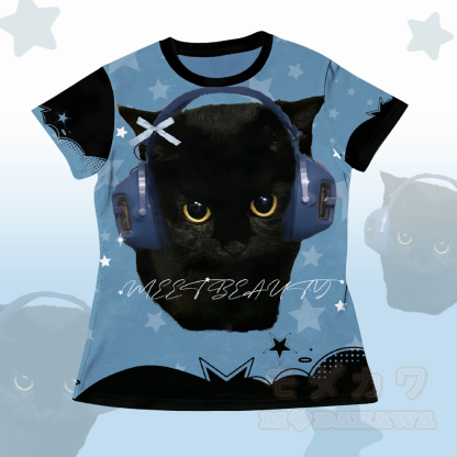 Schwarze Katzenkopfhörer, Grafik-T-Shirt, Shorts, Modakawa-Partnerlook - T-Shirt A - 5XL - image 3